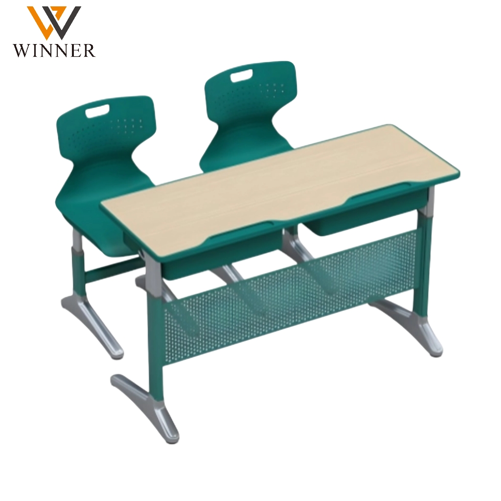 Wholesale New Design Ergonomic School Furniture Plastic Double School Desk and Chair Classroom Adjustable Height for Teenagers